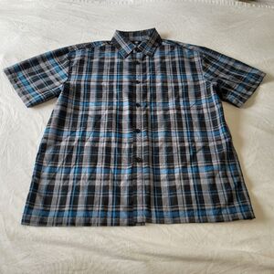 Yago Shirt Mens Large Plaid Outdoors Short Sleeve Collar Gray Blue Black